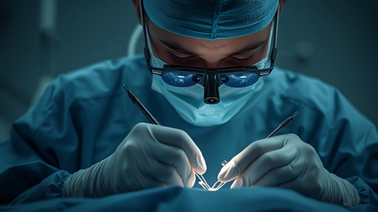 Chirurgien manipulant des instruments de microchirurgie en salle d'opération